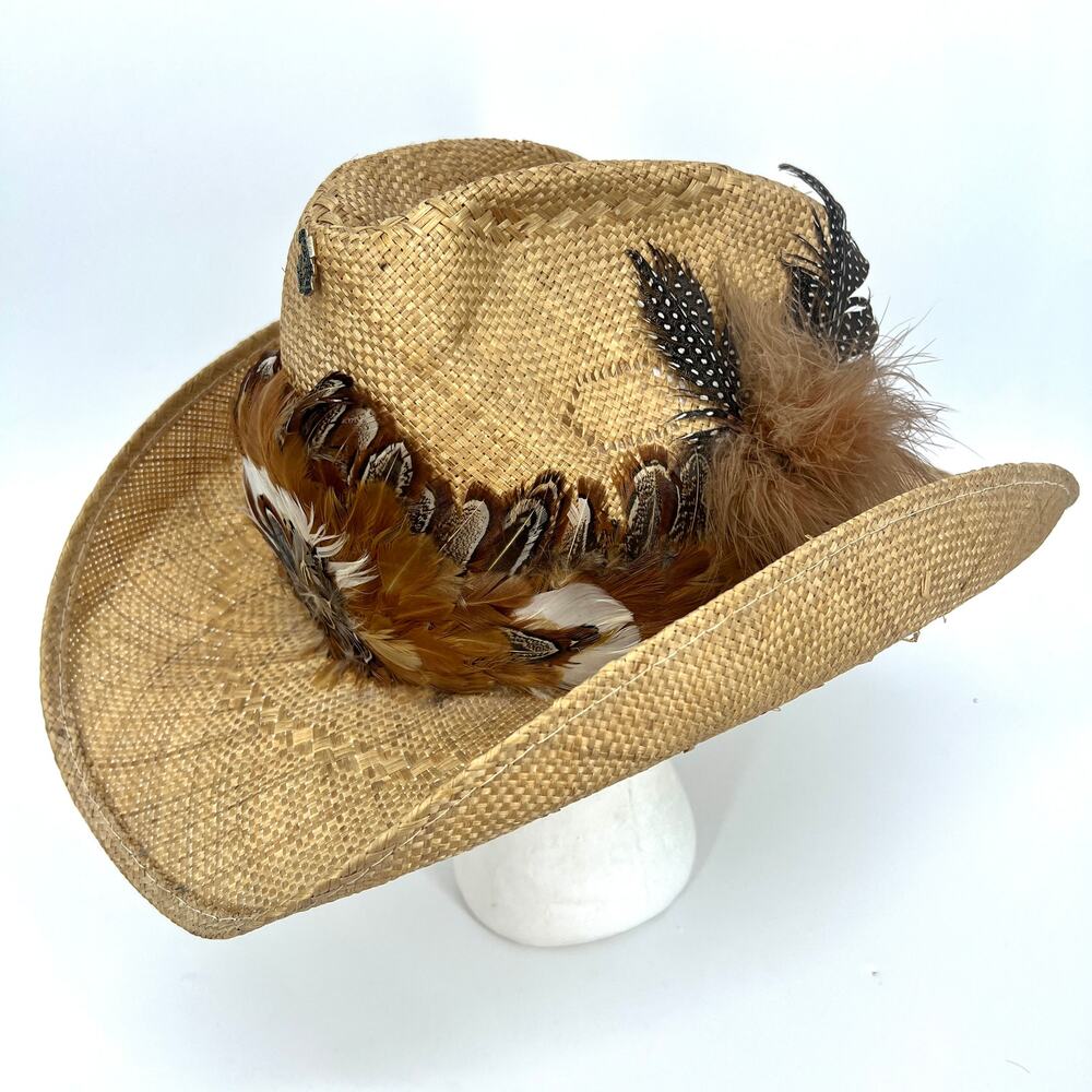 Vintage Straw Cowboy Festival Western Hat Feather Trimmed Hat Pins Size 7-½
